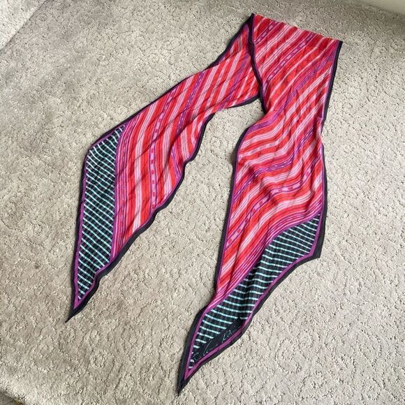 Vintage Anne Klein Silk Parallegram Neck Scarf w/ Striped Southwestern Style Pat - Picture 4 of 9